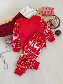 Playful Pals 两件套男婴红色圣诞套装，圆领长袖连帽衫+松紧腰裤，休闲节日新年套装，保暖内衬面料，可爱圣诞老人刺绣，秋冬新款 - 紅色 - 查看 2