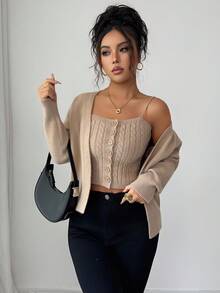 Elenzga 2pcs/Set Knitted Vest + Loose Solid Color Cardigan Sweater For Women - Khaki - View 3