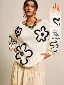 SHEIN LUNE Plus Size Women Floral Pattern Round Neck Drop Shoulder Long Sleeve Casual Loose Sweater Autumn Thickened For Warmth Sweater - Beige - View 11