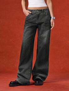LYSMO Quần jean ống đứng dáng rộng màu trơn thường ngày có đai thắt lưng cho nữ - màu đen - Xem 4