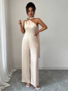 Elenzga 女士优雅连体裤，肩部镂空，腰部收紧，3D 花卉装饰，适合通勤、约会、休闲外出、日常穿着，采用光泽斜纹面料制成 - 杏色 - 查看 4