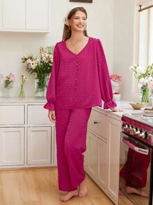 SHEIN Set pijamale pentru femei, model jacquard, cu buline în relief, cu decolteu în V și pantaloni lungi, haine de toamnă - Roz fierbinte - Vizualizare 6