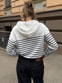 Pariaura Sudadera con capucha de ajuste holgado con estampado de rayas, versátil para el transporte - Blanco - Ver 2