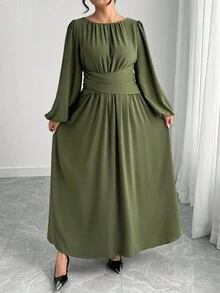 Elenzga Váy xếp ly màu trơn cổ điển thanh lịch cỡ lớn dành cho nữ, cổ tròn, eo chun, cài chéo phía trước, tay bồng, tay dài, dài đến đầu gối, màu xanh quân đội, thích hợp mặc đi làm, đi chơi, thường ngày, ngày lễ, tiệc tùng, thu đông - màu xanh lá - Xem 7
