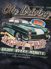 SHEIN 儿童年轻男童休闲百搭舒适赛车字母印花图案圆领套头衫宽松短袖针织T恤适合通勤上学、日常休闲度假旅行、适合运动、适合春夏季节