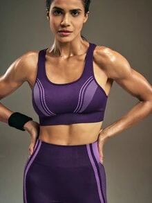 Powerista 女士条纹休闲日常健身运动文胸 - 紫色 - 查看 7