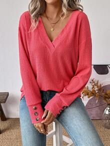 SHEIN LUNE 女式休闲纯色V领长袖上衣 - 紅色 - 查看 5