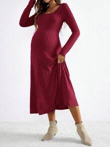 SHEIN 孕妇纯色方领长袖罗纹优雅连衣裙 - 紅色 - 查看 3