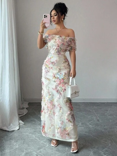 Vestido ajustado y ceñido con hombros descubiertos, volantes y tela de malla 3D con flores, elegante y romántico