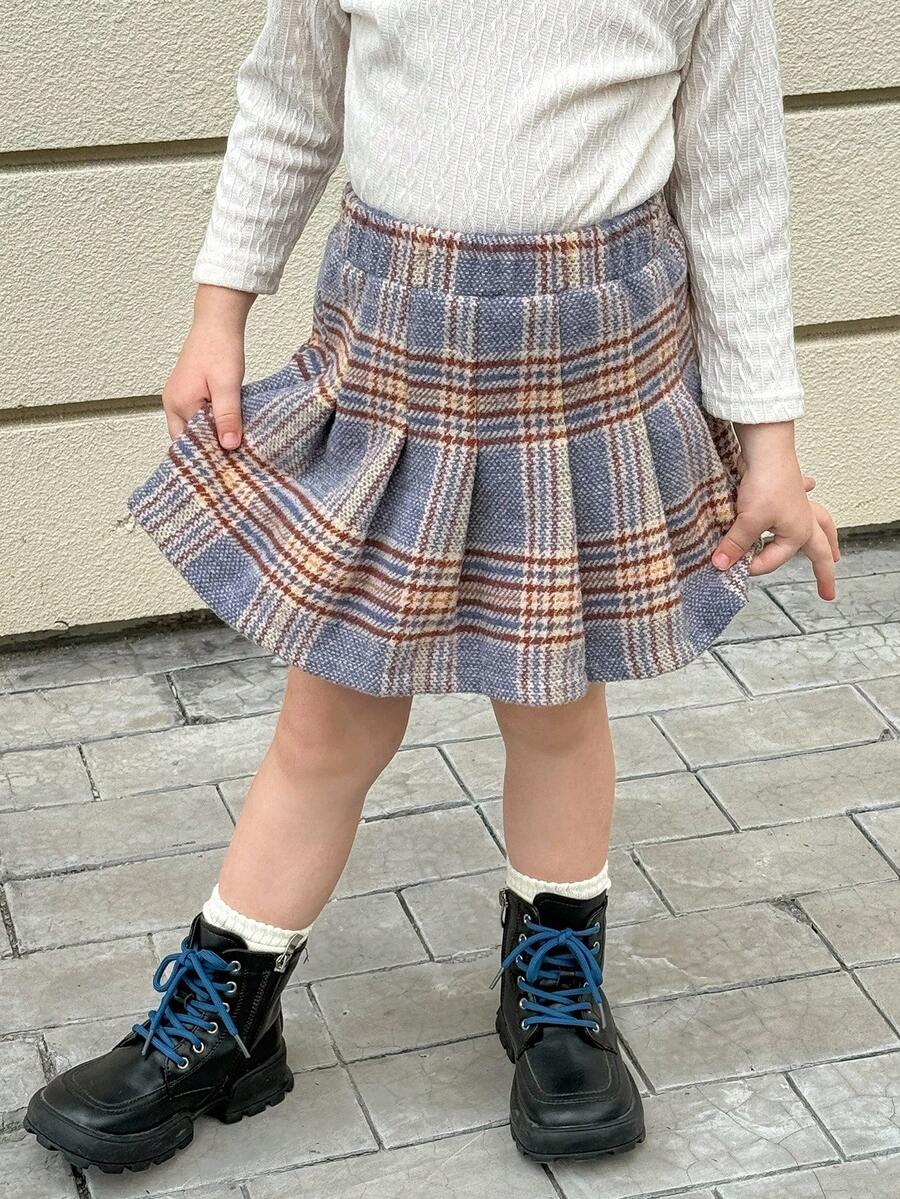 Playful Pals 女孩休闲可爱格子褶皱 A 字裙，适合秋冬季、学校、返校季、日常穿着 - 藍色 - 查看 1