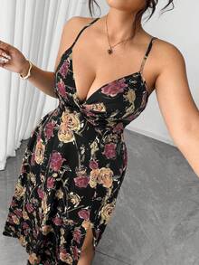 Elenzga Plus Size Women's New Floral Print Twist Front Tie Waist Design With Hem Slit, Suitable For Vacation And Dates - Multicolor - View 5