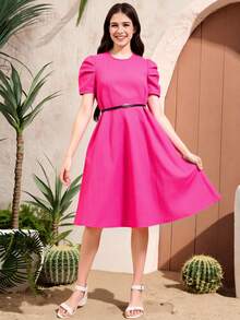 SHEIN 少女夏季短袖紋理圓領裙