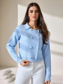 CLARA VERO Modern Frost Double-Breasted Knit Cardigan In Baby Blue With Retro Collar And Ribbed Hems,Cardigans,Long Cardigans Woman,Petite,Tall - Baby Blue - View 4