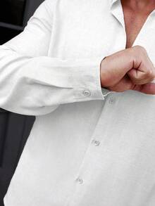 Manfinity CasualCool 男士纯色长袖素色衬衫 - 白色 - 查看 3