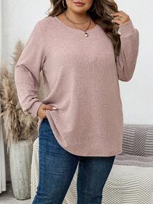 SHEIN CURVE+ 女士纯色罗纹拉绒舒适圆领长袖休闲 T 恤，适合秋冬季 - 粉色 - 查看 11