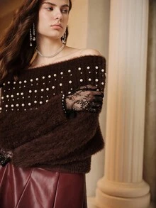 SHEIN Unity 1件优雅露肩仿皮毛毛衣夹克 - 咖啡棕 - 查看 8