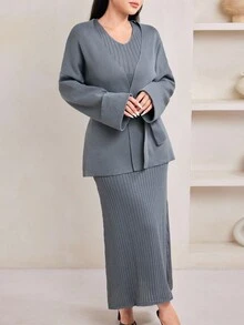 Veilorie Elegancki, dopasowany damski zestaw bezrękawnik i kardigan, 2 sztuki, jesienno-zimowe ubrania dla kobiet - Szary - Zobacz 1