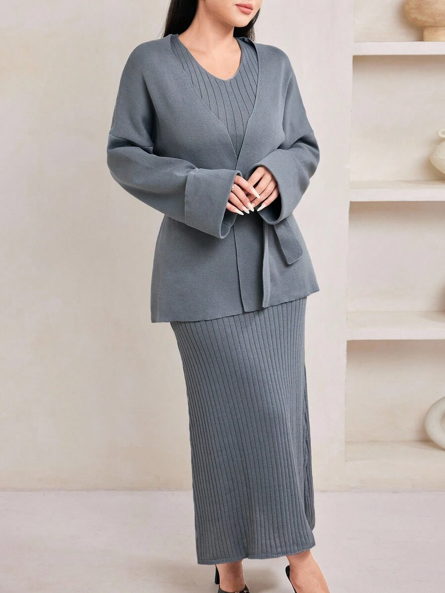 Veilorie Elegancki, dopasowany damski zestaw bezrękawnik i kardigan, 2 sztuki, jesienno-zimowe ubrania dla kobiet - Szary - Zobacz 1