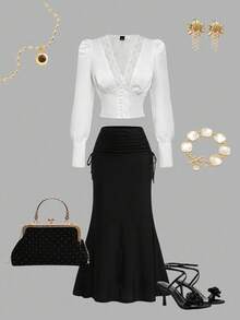 SHEIN MOD Blusa elegante de mujer con parches de encaje y mangas abullonadas de unicolor