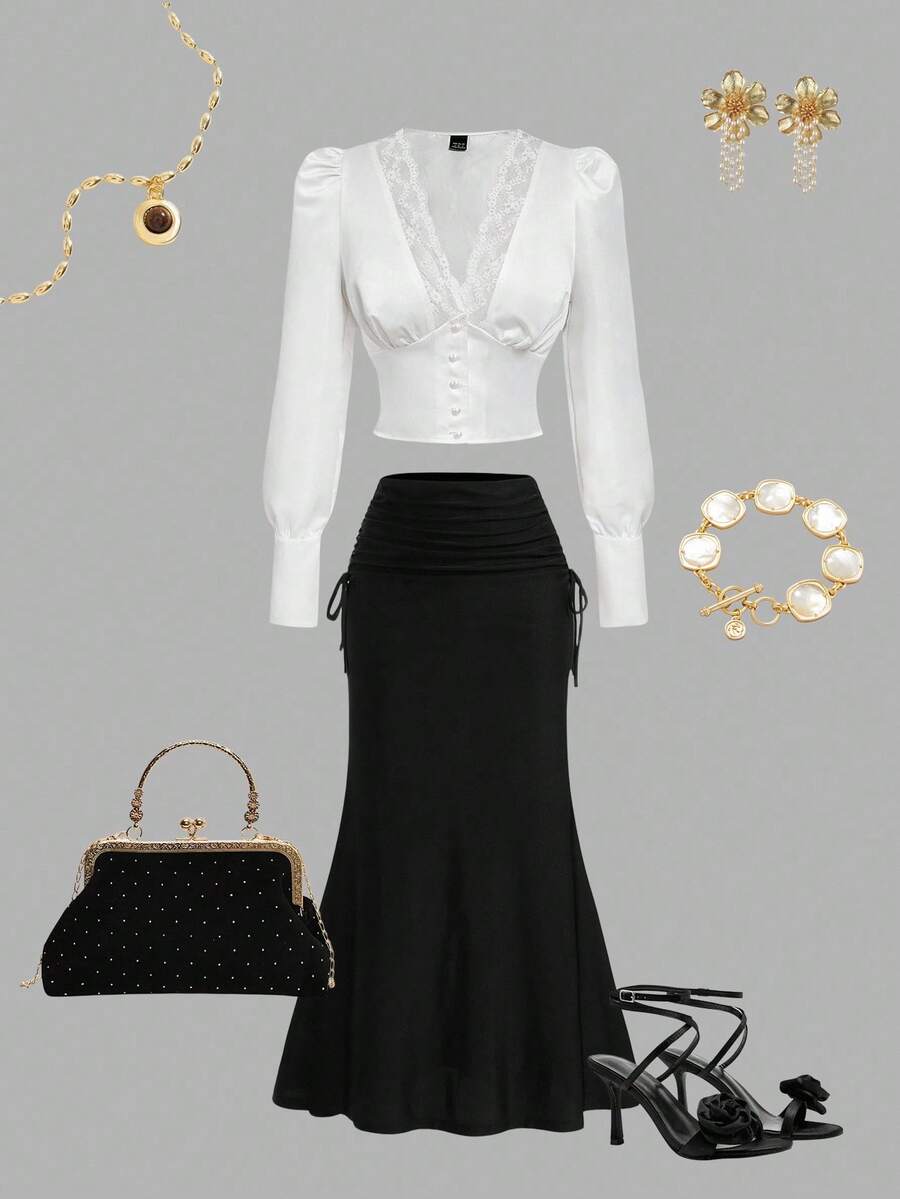 SHEIN MOD Blusa elegante de mujer con parches de encaje y mangas abullonadas de unicolor