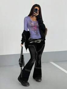 StreetHx Jeans de campana con roturas y tachuelas de moda casual para mujer - Negro - Ver 5