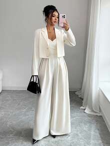 Elenzga New Women's Woven Fabric Spaghetti Strap Backless Adjustable Strap Wide Leg Jumpsuit With Notched Collar Long Sleeve Jacket, Commuter Versatile Elegant Young Lady 2 Pieces Set, Autumn/Winter - Apricot - View 7