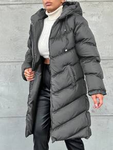 EURMUSE Women's Solid Color Hooded Zipper Front Long Sleeve Padded Coat, Winter - Grey - View 3
