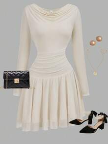Girlism Elegant Flowing Sheer Formal Mini Dress For Teen Girls, Suitable For Formal Occasions Fall Winter - Beige - View 1