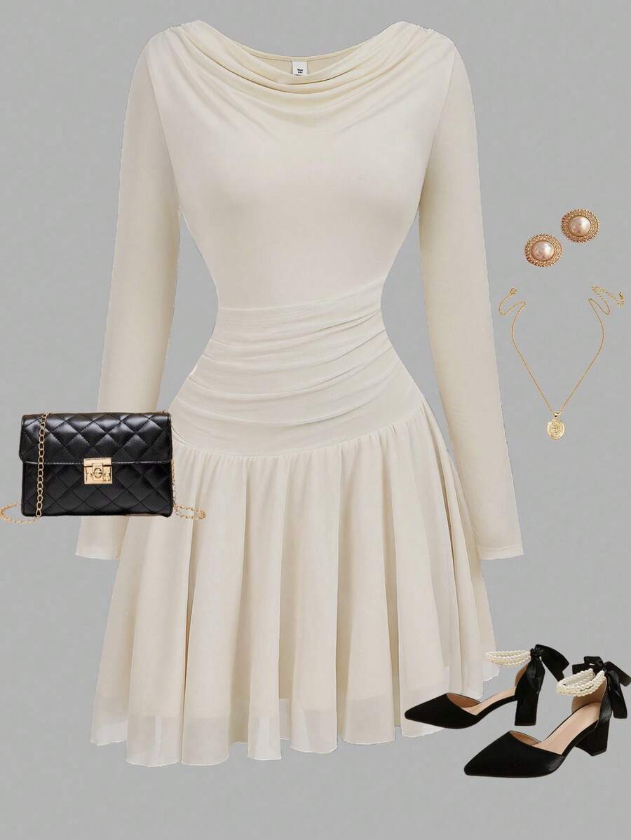 Girlism Elegant Flowing Sheer Formal Mini Dress For Teen Girls, Suitable For Formal Occasions Fall Winter - Beige - View 1
