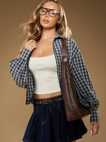 MISSGUIDED Plaid Collared Long Sleeve Button Down Shirt With Zip Up Front Casual Fall Winter Blouse - Multicolor - View 1