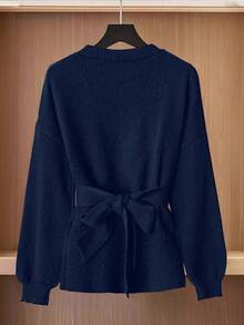 GlowEve Damen einfarbiger Kreuz-Wickel V-Ausschnitt modischer Langarm Cardigan - marineblau - Übersicht 3