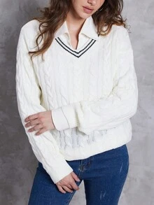 Jouncy Suéter casual de mujer con cuello de contraste de color, otoño/invierno - Beis - Ver 6