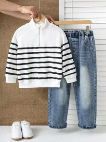 SHEIN Bộ 2 món/Bộ quần áo nỉ lót giữ nhiệt và quần jean cho bé trai, áo chui đầu cổ tròn kẻ sọc dáng rộng và quần denim, thời trang thường ngày thoải mái, cơ bản, thích hợp mặc trong nhà, ngoài trời, hàng ngày, thể thao, vui chơi, tiệc tùng lễ hội, trở lại trường, Halloween, Giáng sinh, dạo phố, bộ đồ thể thao, bộ đồ hai mảnh thu/đông cho bé trai bộ đồ kẻ sọc cho bé trai bộ đồ thường ngày cho bé trai bộ đồ jean thu - trắng - Xem 5