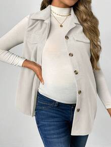 SHEIN 孕妇纯色单排扣无袖休闲夹克，秋季 - 杏色 - 查看 5