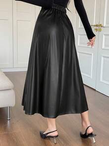 DAZY Falda plisada de unicolor casual de mujer, falda de cuero de otoño - Negro - Ver 2