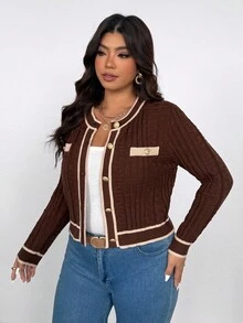 Vionelle 大码撞色边圆领纽扣前开长袖休闲罗纹针织开衫 - 咖啡棕 - 查看 3