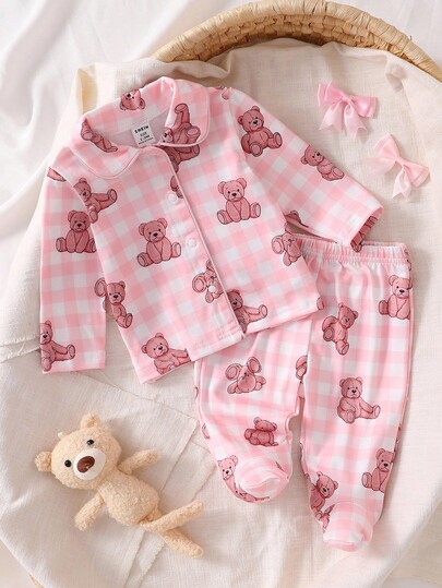 2pcs Newborn Baby Girls' Cute Bow Pattern Long Sleeve Top And Pants Casual Comfortable Pajama Set Newborn Cute Pj Set Fall Winter