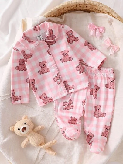 Set de pijama casual y cómodo de 2 piezas con top de manga larga y pantalones con estampado de moño para bebés niñas recién nacidas
