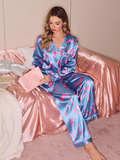SweetSlumber Casual Young Women's Blue Satin Regular Long Sleeve Pajama Pants Set, Lapel Neckline And Bow Print Silk Pajama Set Satin Sleepwear Set Blue Silk Pajama Set Silk Pj Set Satin Pj Set, Fall Winter Clothes
