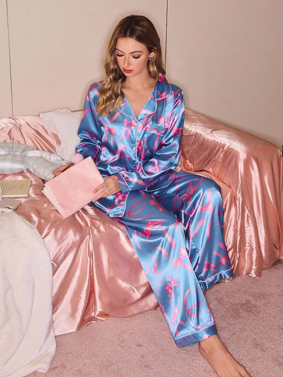 SweetSlumber Casual Young Women's Blue Satin Regular Long Sleeve Pajama Pants Set, Lapel Neckline And Bow Print Silk Pajama Set Satin Sleepwear Set Blue Silk Pajama Set Silk Pj Set Satin Pj Set, Fall Winter Clothes