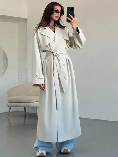 Aloruh Women's Casual Solid Color Long Sleeve Tie-Waist Trench Coat In Fall/Winter