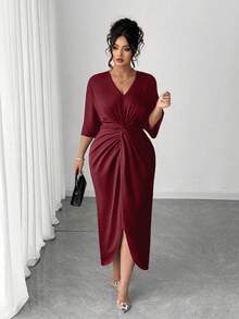 Elenzga Plus Twist Front Asymmetrical Hem Dress - Burgundy - View 3