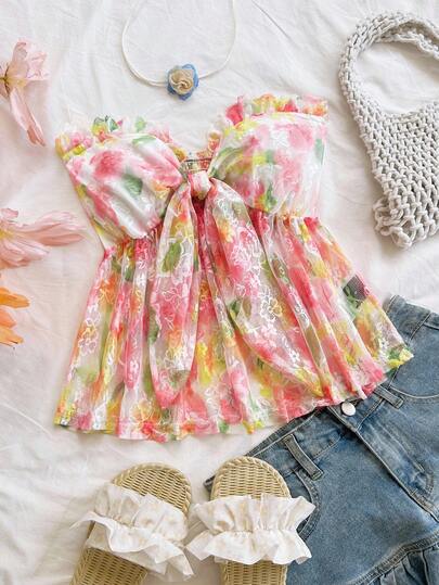 Soleia 女士花卉印花蕾丝浪漫休闲系腰 A 字形荷叶边下摆抹胸，适合返校、休闲午餐、约会、情人节、下午茶、派对、婚礼、度假、海滩、春夏、音乐节、波西米亚风格