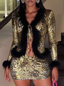 Slaydiva 2025夏初秋新款波西米亚音乐节 乡村风 洋气 海边度假 休闲 前卫 派对 可爱甜美 千禧Y2K 性感辣妹 V领 轻盈厚重吊带 露腰 黑色毛条 长袖毛条袖上衣+包臀裙 迷你裙 半裙 卡其色 棕色 豹纹 斑马纹 闪亮针织面料 性感套装 女士两件套-D - 金色 - 查看 7