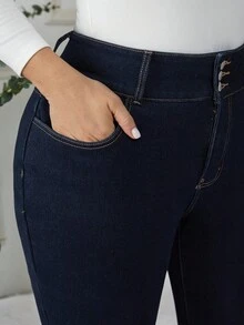 SHEIN CURVE+ 大码休闲水洗保暖内衬紧身牛仔裤 - 藍色 - 查看 6