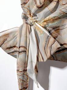 EMERY ROSE 优雅大理石纹印花上衣和裤子两件套，适合派对，加大码，秋季 - 彩色 - 查看 5