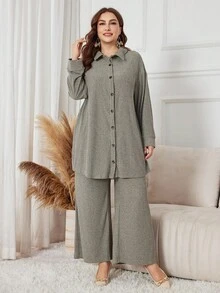 Lacomfia Plus Size Women Casual Two Pieces Set: Dropped Shoulder Long Sleeve Single-Breasted Top And Wide Leg Pants, Autumn - Grey - View 4