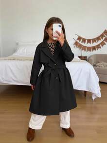 SHEIN Kleine Mädchen Locker geschnittene Jacke mit Doppelreiher-Kragen, Parka, Trenchcoat, im lässigen Militärstil, geeignet für Pendeln und Outdoor-Outfit, Frühling/Sommer/Herbst/Winter, Y2K-Stil für metallic Jacke, Y2K-Jacke, silberne Jacke, für Halloween, Mutter & Schwester & Ich Partnerlook, Herbst - Schwarz - Übersicht 6