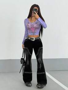 StreetHx Jeans de campana con roturas y tachuelas de moda casual para mujer - Negro - Ver 6