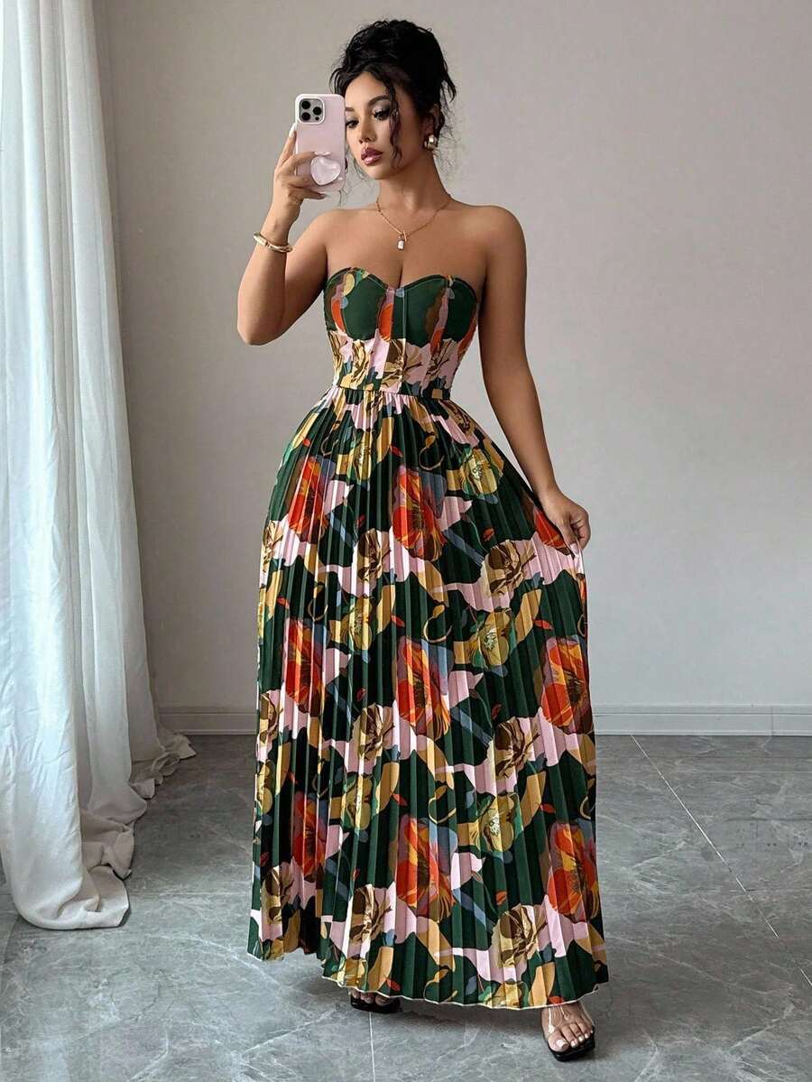 Selianne Digital Printed Strapless Cinched Waist A-Line Pleated Elegant And Romantic Holiday Dress For Women